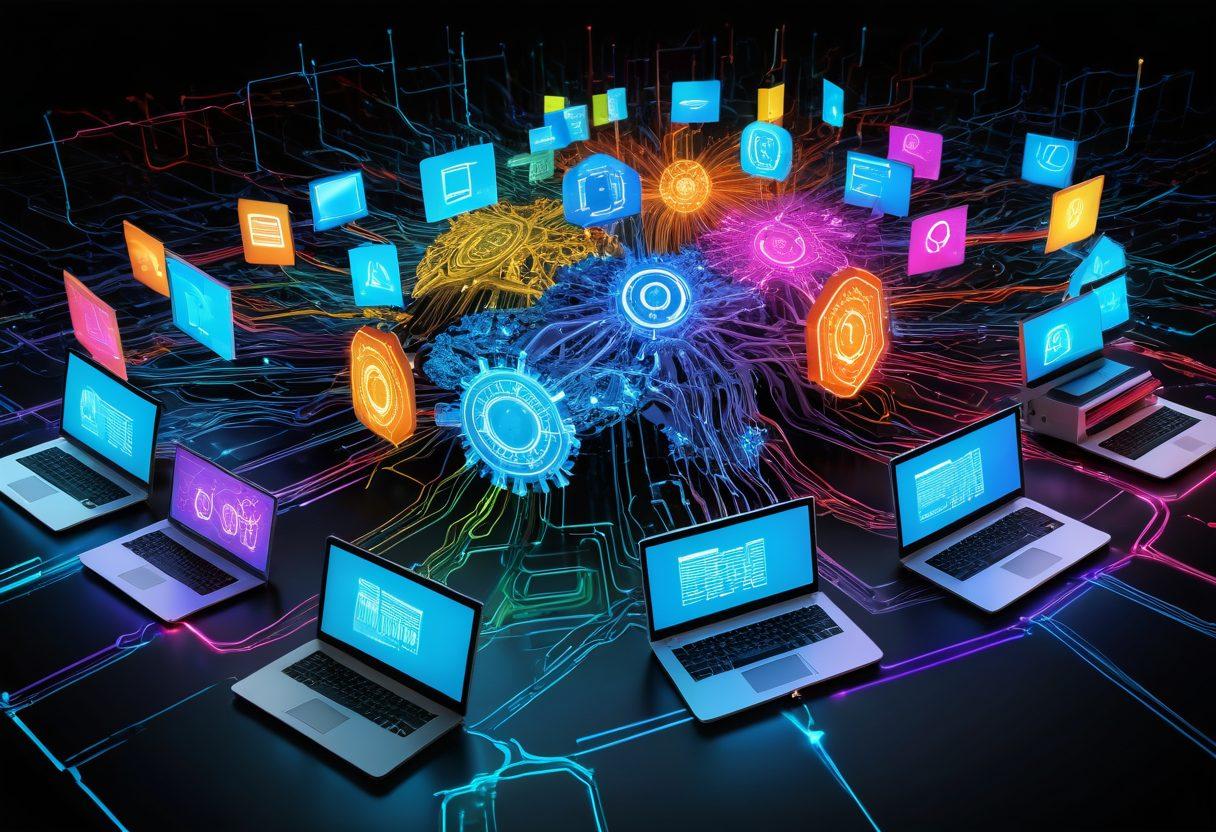 A dynamic visualization of a Local Area Network in action, showcasing interconnected devices like computers, printers, and a router, with colorful data streams flowing between them. Include symbols of strength such as shields representing robust security, and gears symbolizing effective management. The background should have a digital circuit pattern to emphasize technology. super-realistic. vibrant colors.