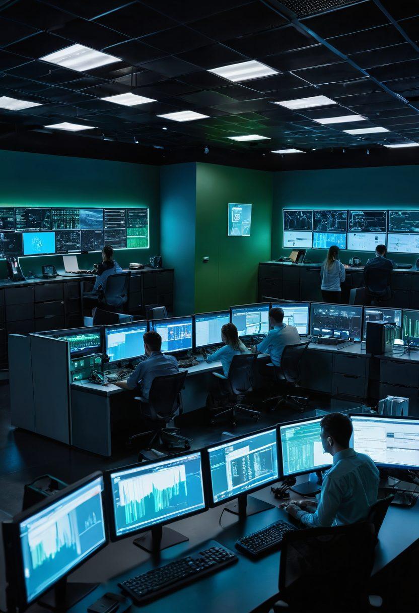A modern office setting featuring an organized server room with networking equipment and cables neatly arranged. In the foreground, a diverse team of IT professionals is discussing strategies, using laptops and digital screens displaying network diagrams and performance metrics. The atmosphere is focused and collaborative, showcasing technology in action. Soft blue and green lighting emphasizes a tech-savvy environment. super-realistic. vibrant colors.