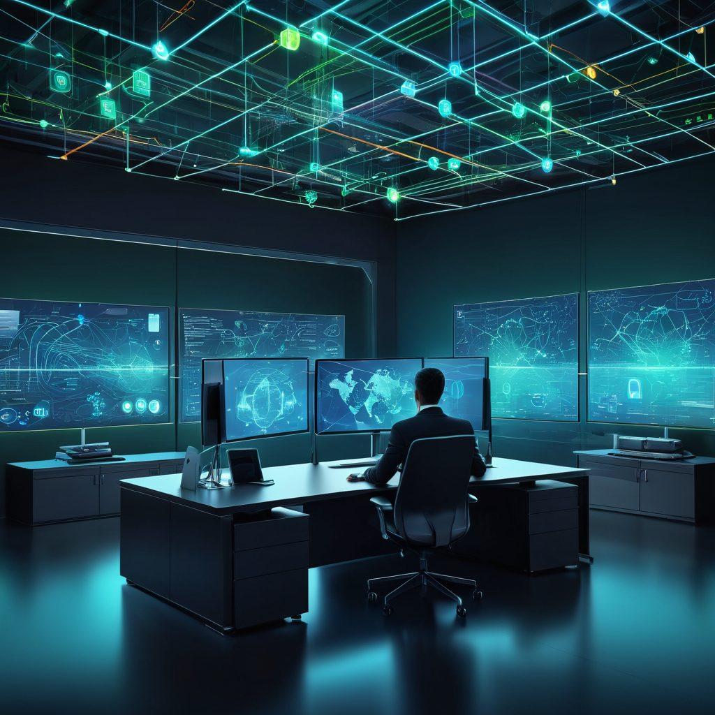 A sleek, modern illustration of a connected network with glowing lines symbolizing data flow, surrounded by icons representing security measures like firewalls and encryption. A confident IT professional monitors the network on multiple screens, showcasing technology and teamwork. The background includes a clean, futuristic office setting with vibrant blue and green colors. super-realistic. vibrant colors. 3D.